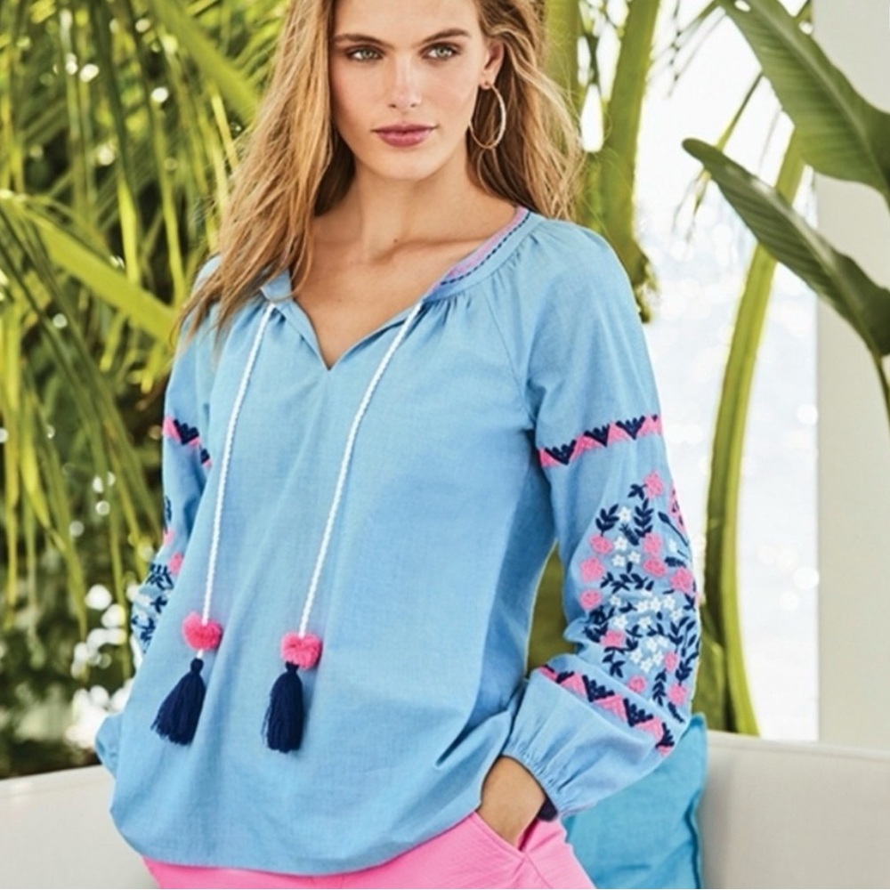 BOGO! Lilly Pulitzer Embroidered Keela Blouse Blue Chambray Size Large